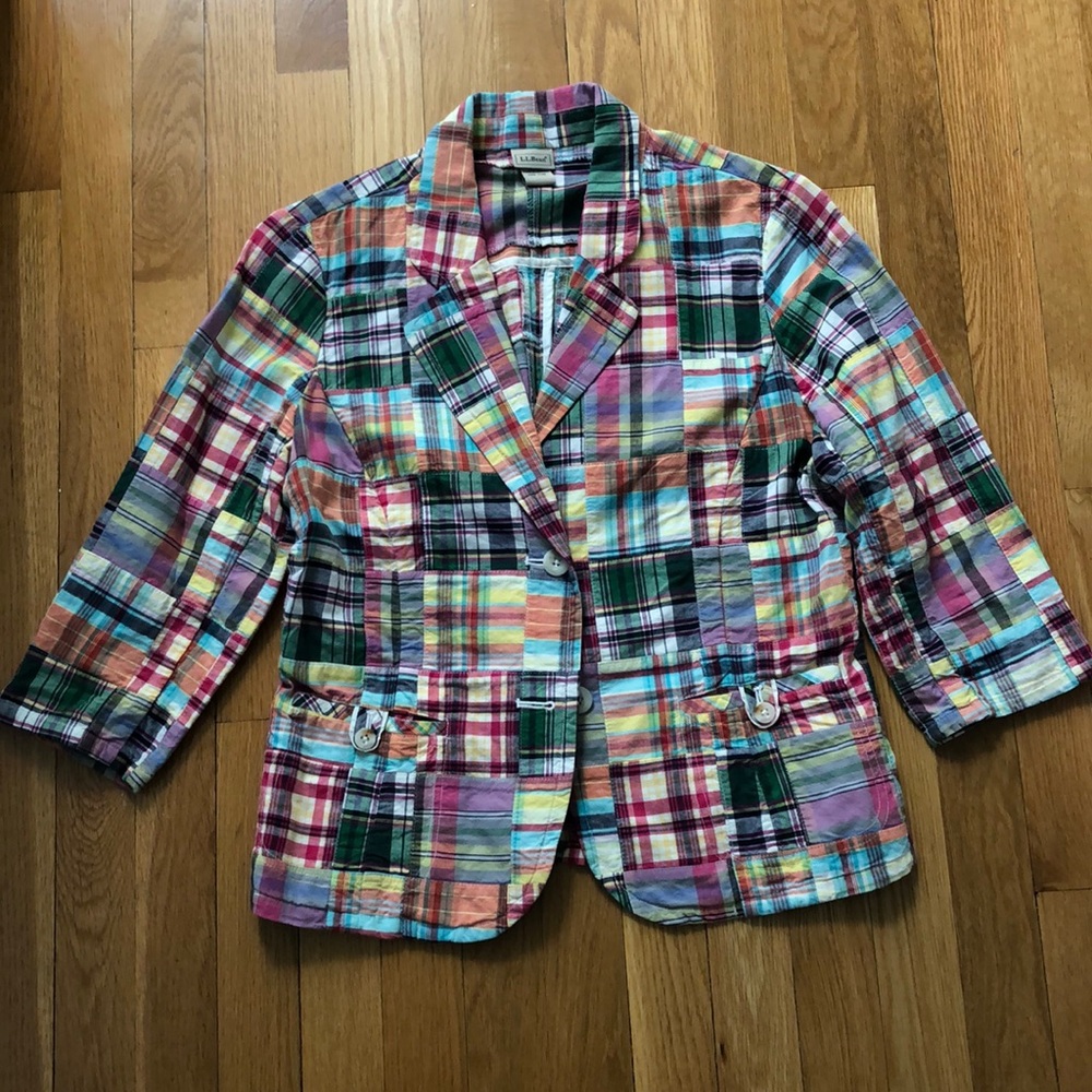 LLBean madras plaid blazer w 3/4 sleeves